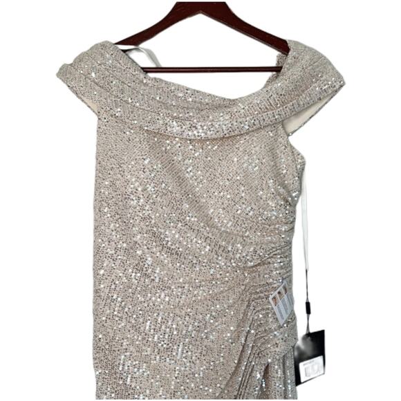 NWT Mac Duggal Beige Sequin Off Drop Shoulder Maxi Sheath Gown Sz 10 - Picture 8 of 11